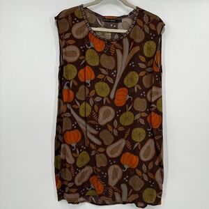 Gudrun Sjoden Brown Viscose Fruit Print Sleeveless Tunic Top Pockets Small